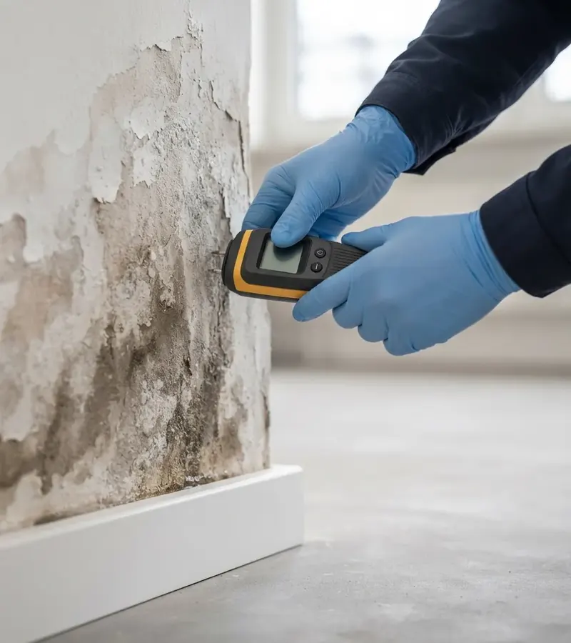 Técnico midiendo la humedad en la parte baja de una pared en Porzuna