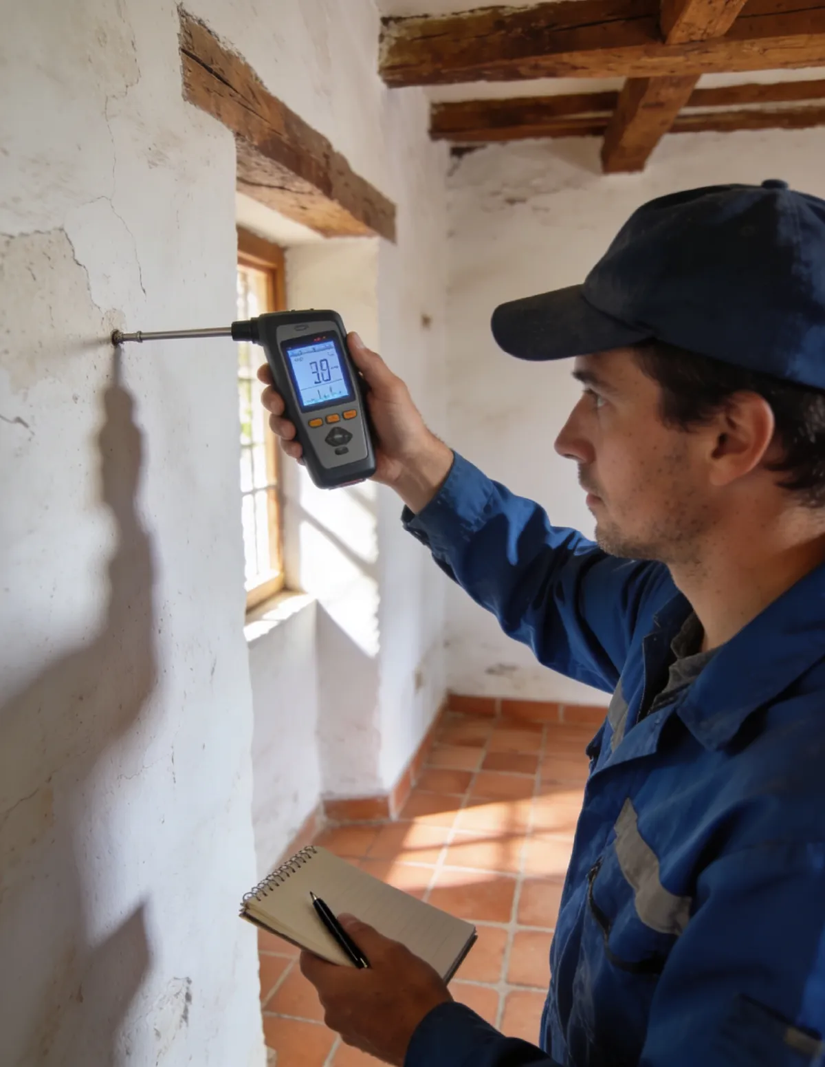Técnico HUMIX midiendo la humedad de un muro antiguo en Porzuna